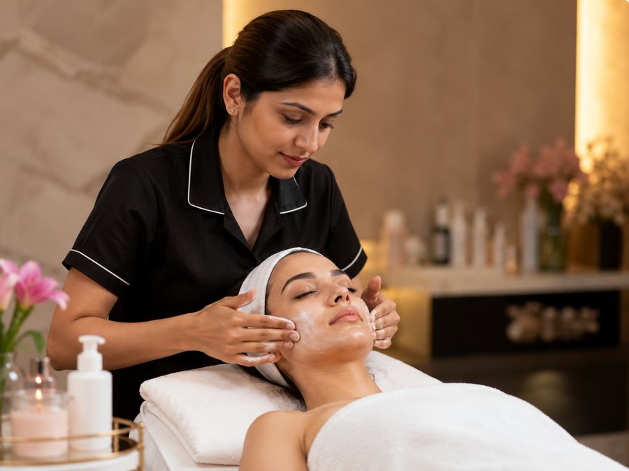 Beautician giving a facial massage to a client in a professional salon in Hyderabad