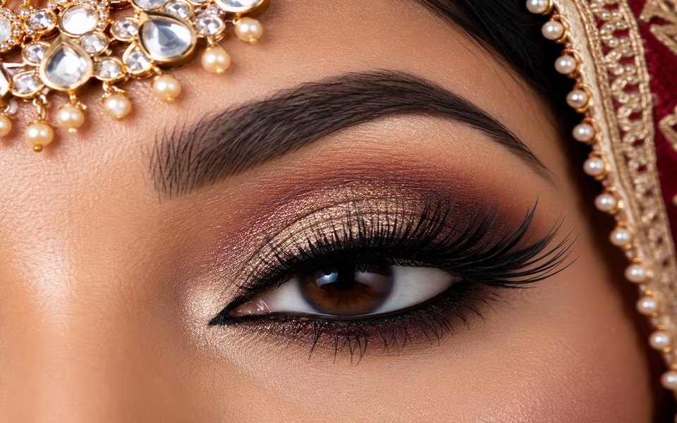 Close up of bridal eye makeup with gold shimmer, blended brown shadow and winged liner