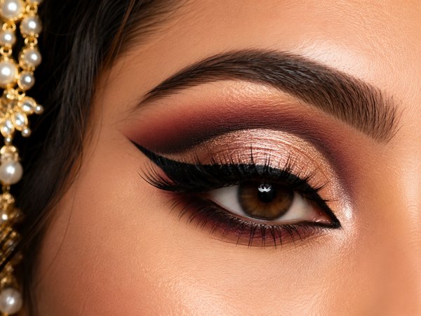 Bridal eye makeup in gold and warm red tones with pearl kundan jewellery