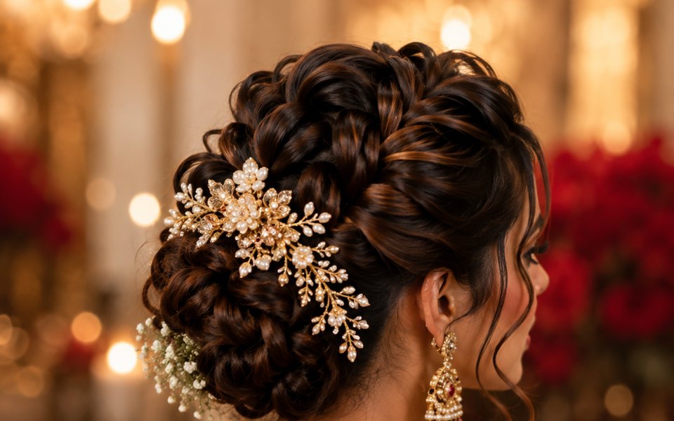 Bridal updo with pearl hair accessory and jhumka earrings for an Indian wedding