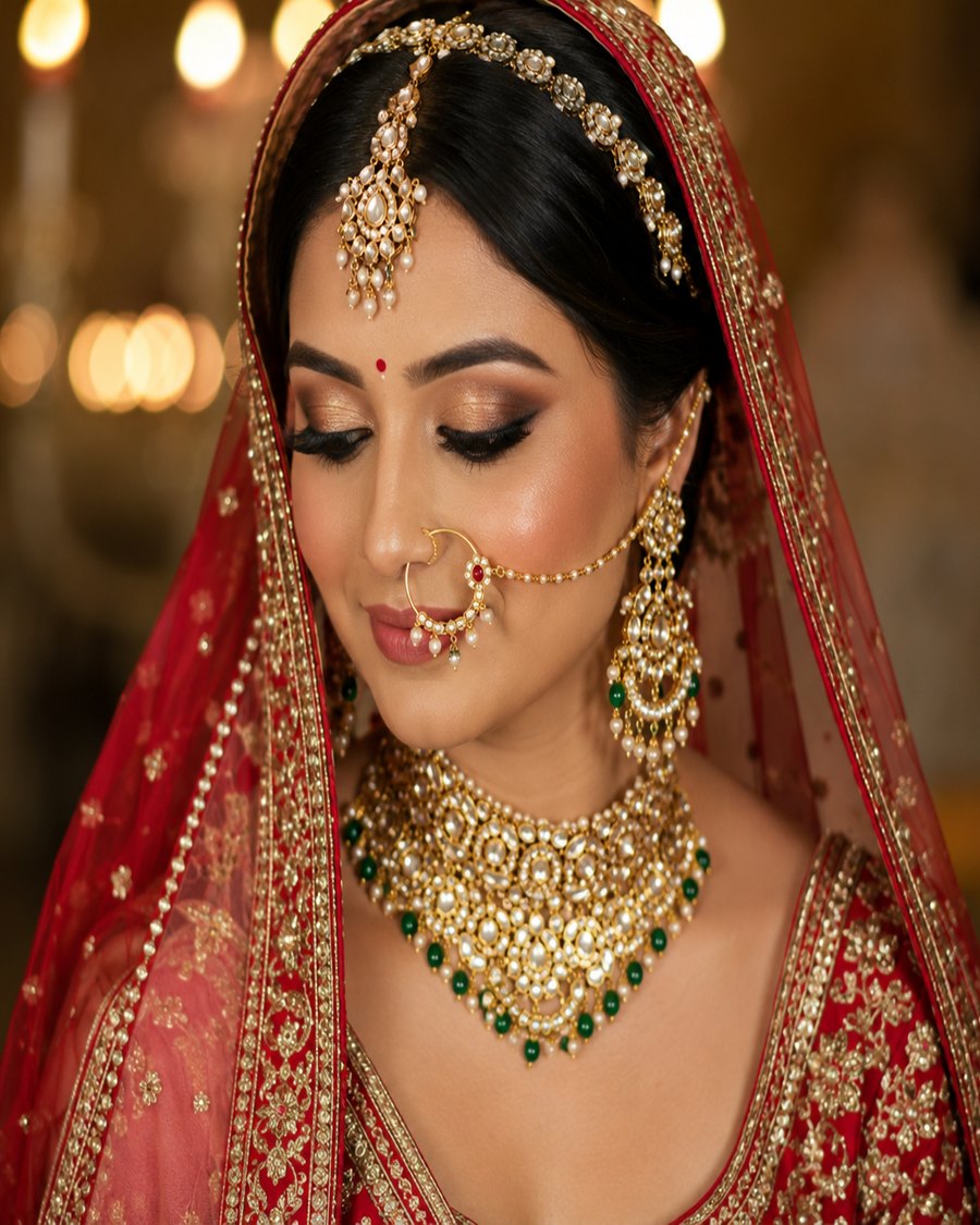 Bride wearing a red lehenga and gold jewellery with a completed bridal makeup look