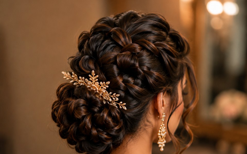 Braided updo bun finished with a gold leaf hair accessory