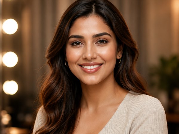 Woman smiling with a natural everyday makeup look and soft waves