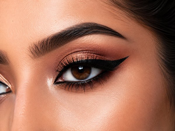 Bronze cut crease eye makeup with a sharp graphic winged liner