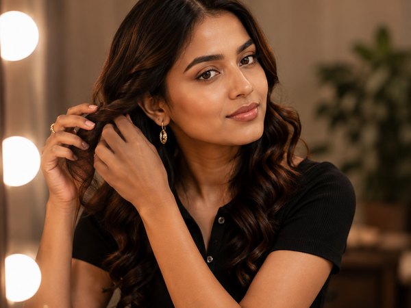 Woman styling her own hair into soft waves at a vanity mirror