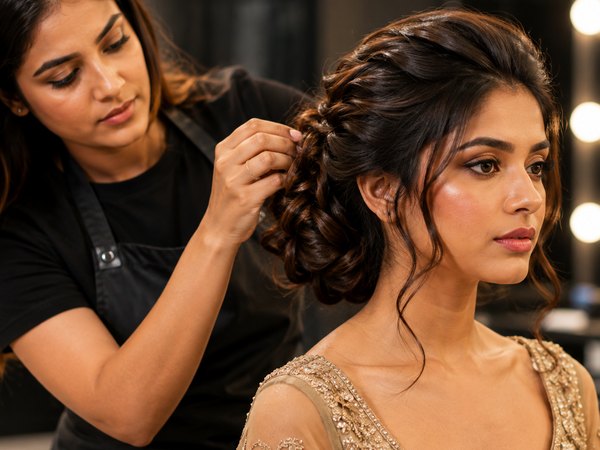 Editorial makeup and hair styling created in a professional salon setting