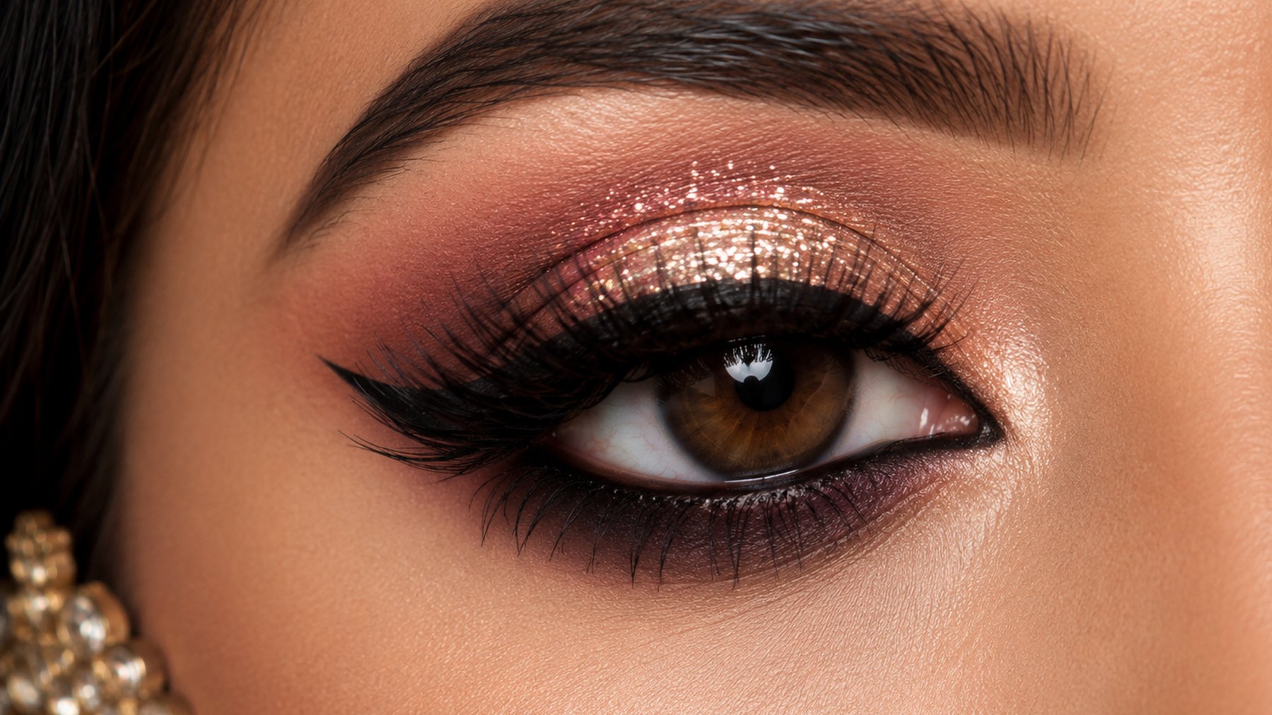 Glitter and rose gold eye makeup with winged liner and lashes created on the eye makeup course in Hyderabad