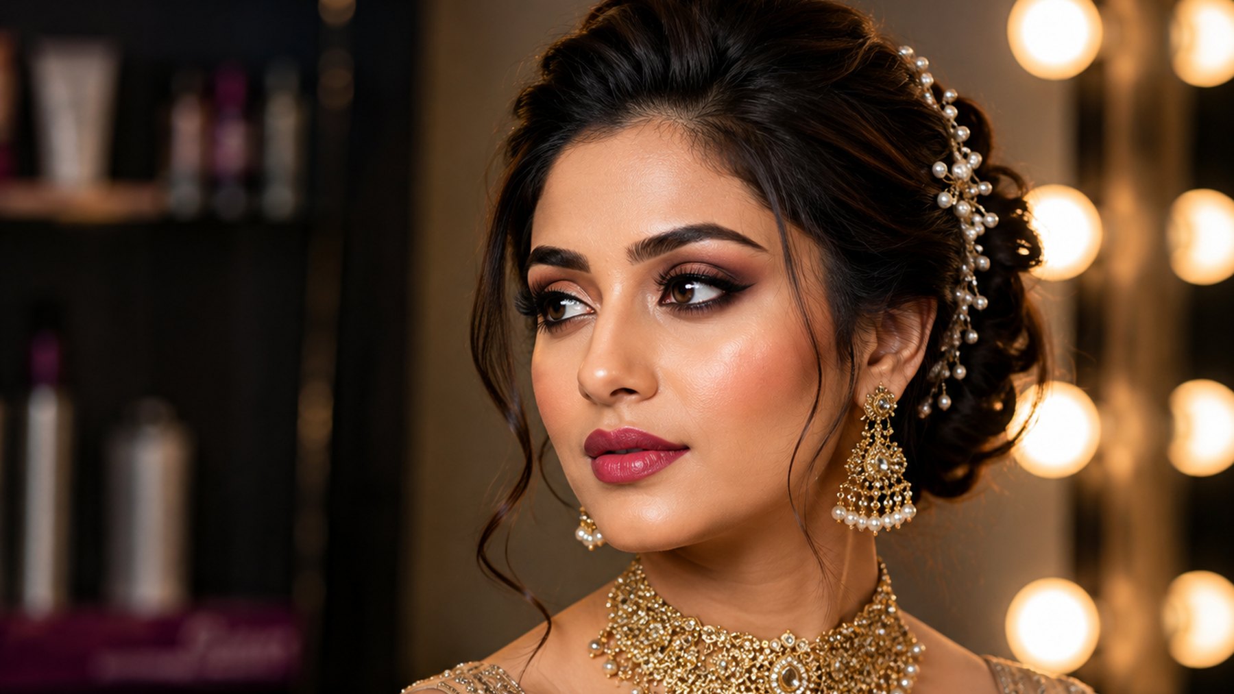 Model with camera-ready HD makeup and gold jewellery photographed under studio lighting in Hyderabad