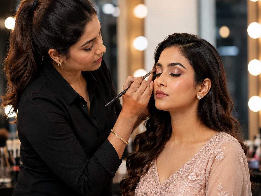 Makeup artist applying HD eye makeup to a model during training at Second Skin Academy