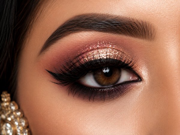 Rose gold glitter eye makeup with a warm blended crease and dramatic lashes