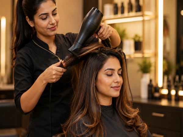 Stylist blow drying a client with a round brush in a professional salon