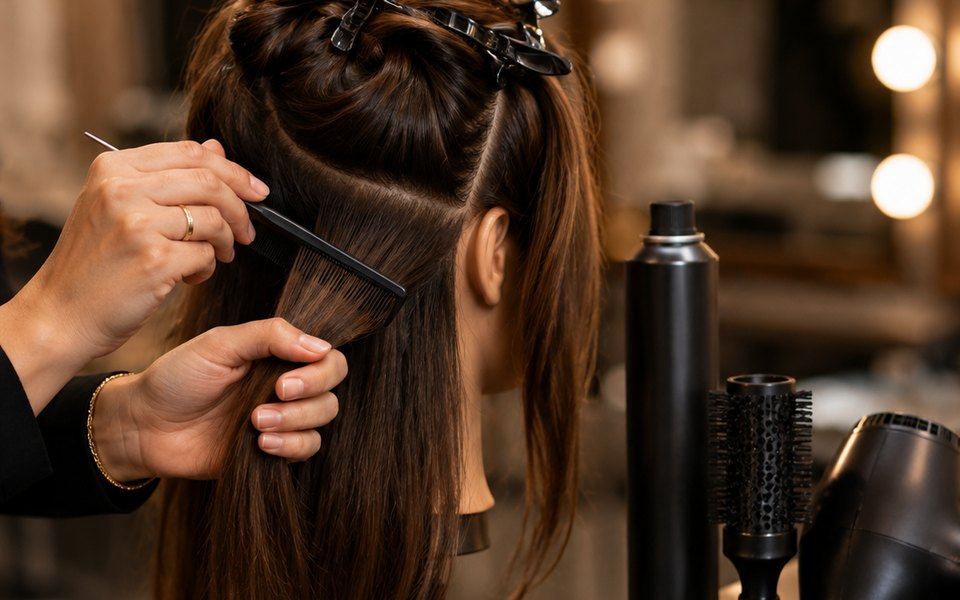 Stylist sectioning hair with a tail comb beside professional combs, straightener and dryer