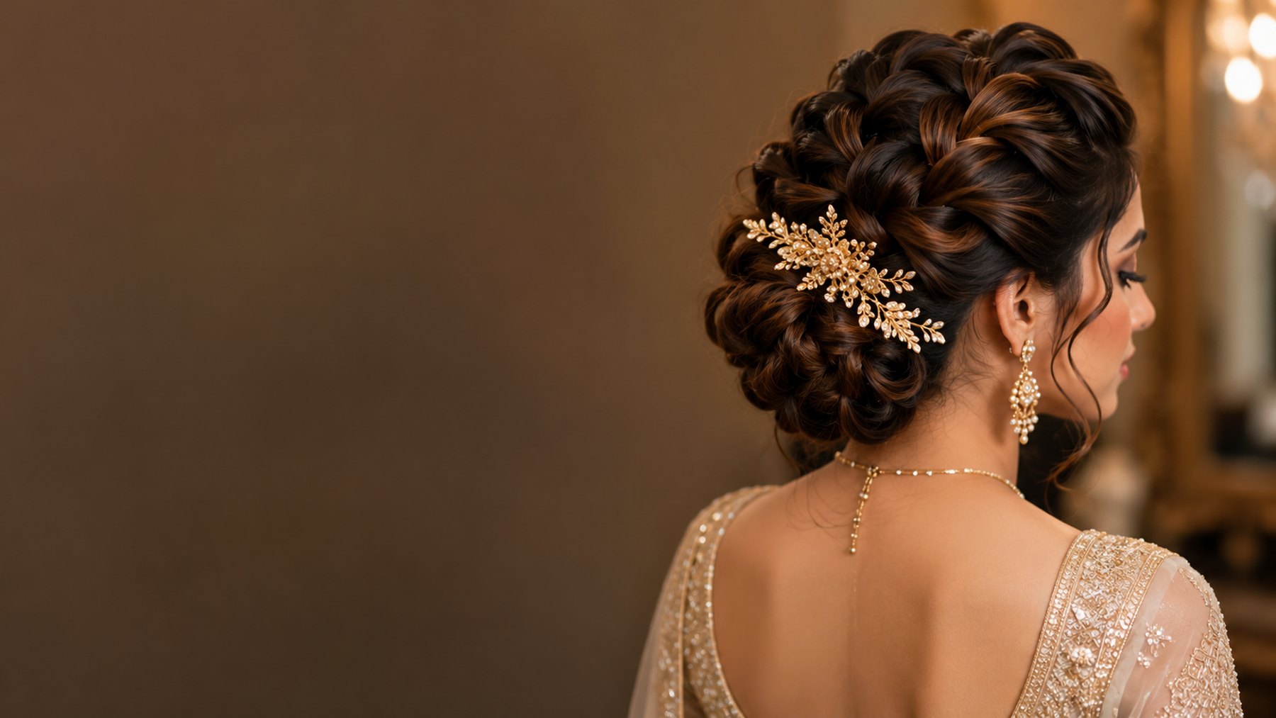 Bridal updo with a gold hairpiece created on the hair styling course in Hyderabad