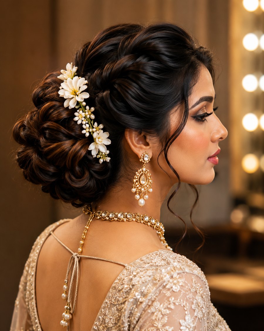 Textured bridal updo dressed with white jasmine flowers