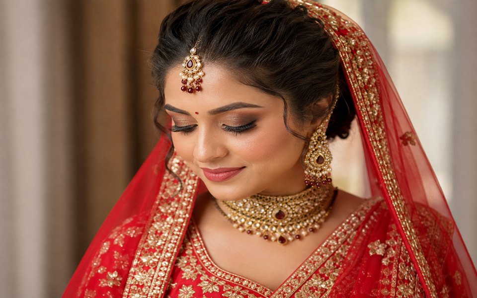 Bride with an HD bridal makeup finish showing smooth skin and soft bronze eye makeup