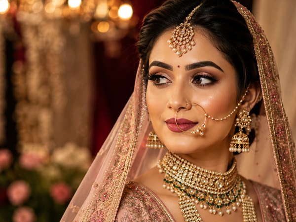 Indian bride in a pink lehenga with HD bridal makeup and kundan jewellery