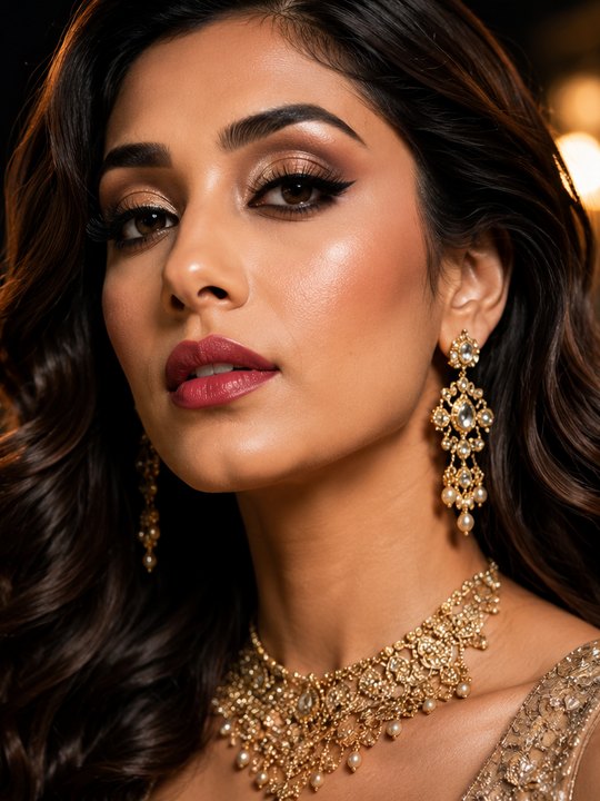 HD bridal makeup with gold jewellery photographed under warm studio lighting