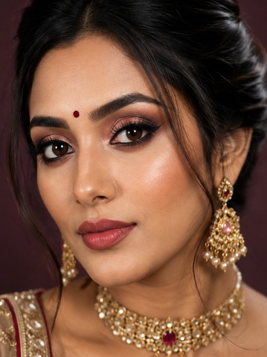 Close up of a camera-ready HD makeup finish with smooth base and defined eyes