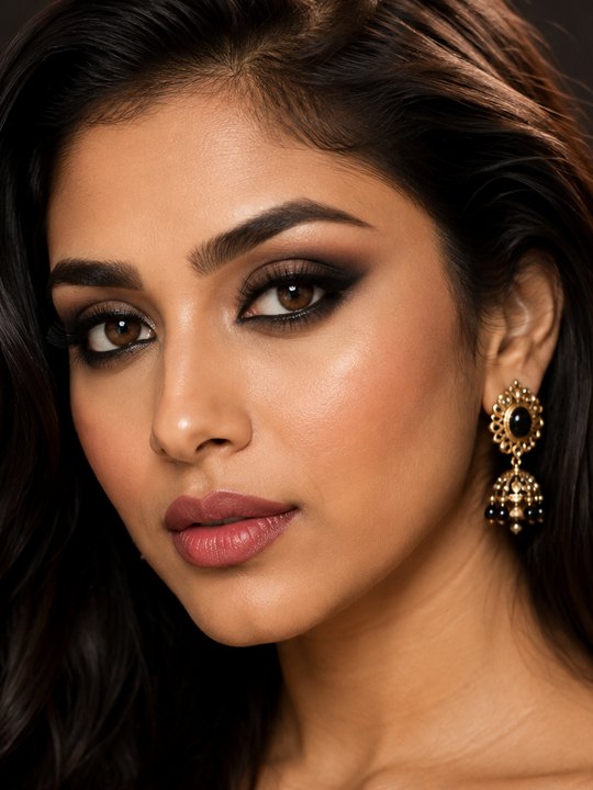 Close up detail of smokey HD makeup showing blending and skin texture on camera