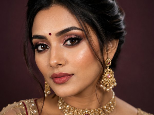 HD makeup look with a smooth base, warm eye makeup and defined lips