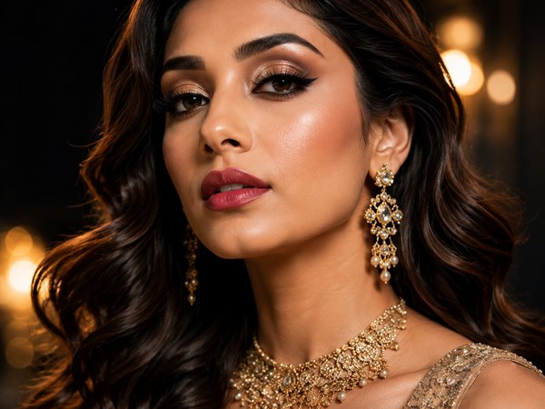 Indian HD makeup look with gold jewellery and soft glowing highlight
