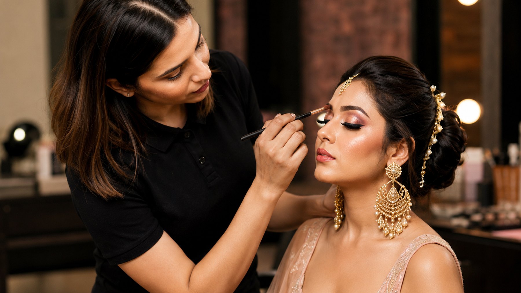 Makeup artist applying eye makeup to a bride during training at Second Skin Academy in Hyderabad