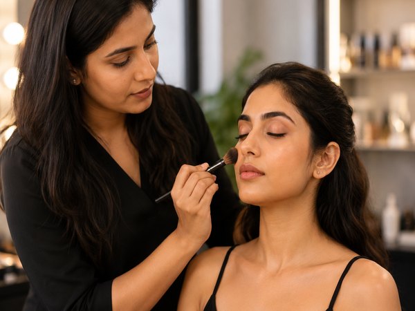 Beautician applying blusher to a client with a makeup brush