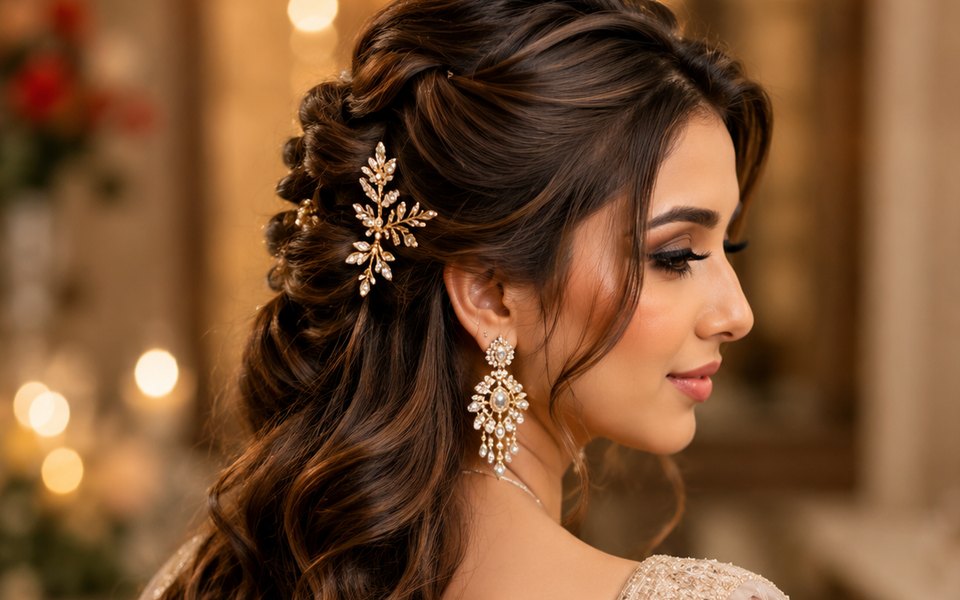 Half up half down curled hairstyle with a gold leaf pin for a party look