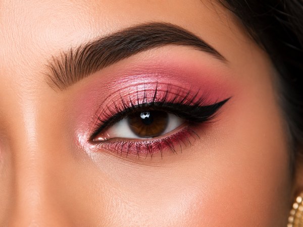 Pink shimmer eye makeup with a blended rose crease and winged liner