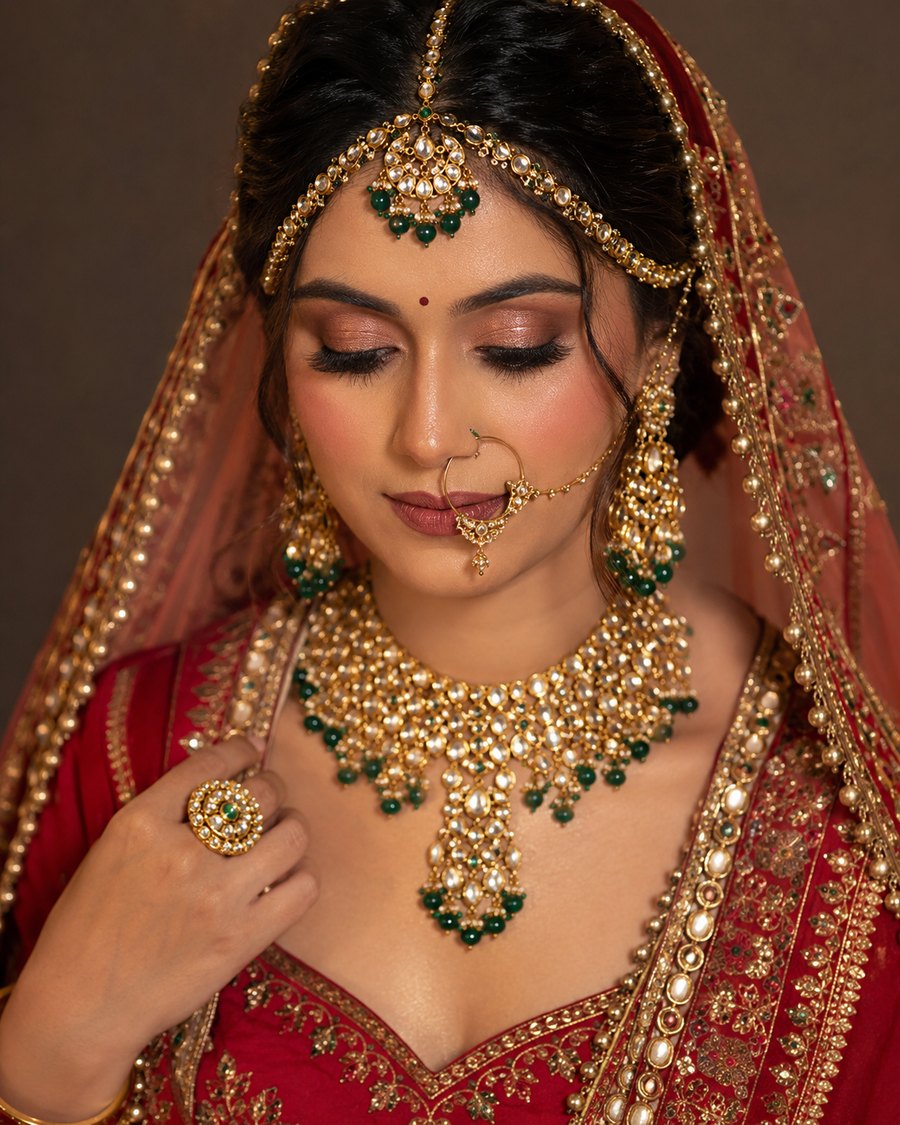 Full bridal look with red lehenga, kundan necklace and maang tikka by a professional bridal makeup artist in Hyderabad