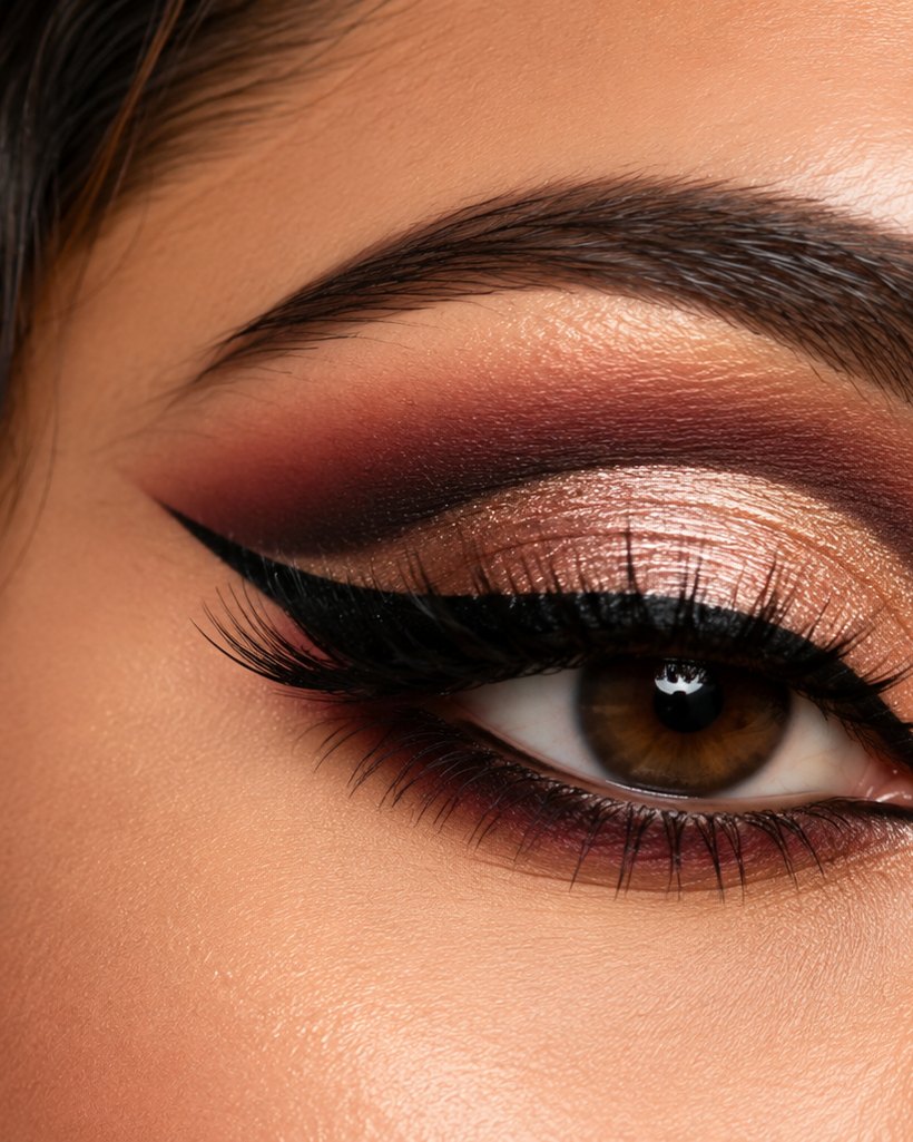 Bridal eye makeup look with gold shimmer and defined liner from professional eye makeup training