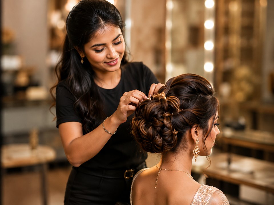 Hair stylist pinning a braided updo for a client during training at a Hyderabad salon