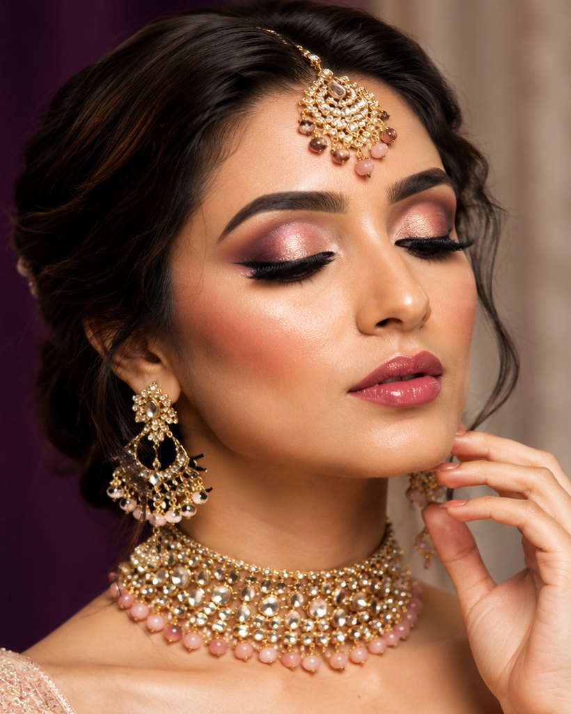 Completed bridal makeup look with rose gold eye makeup and kundan jewellery