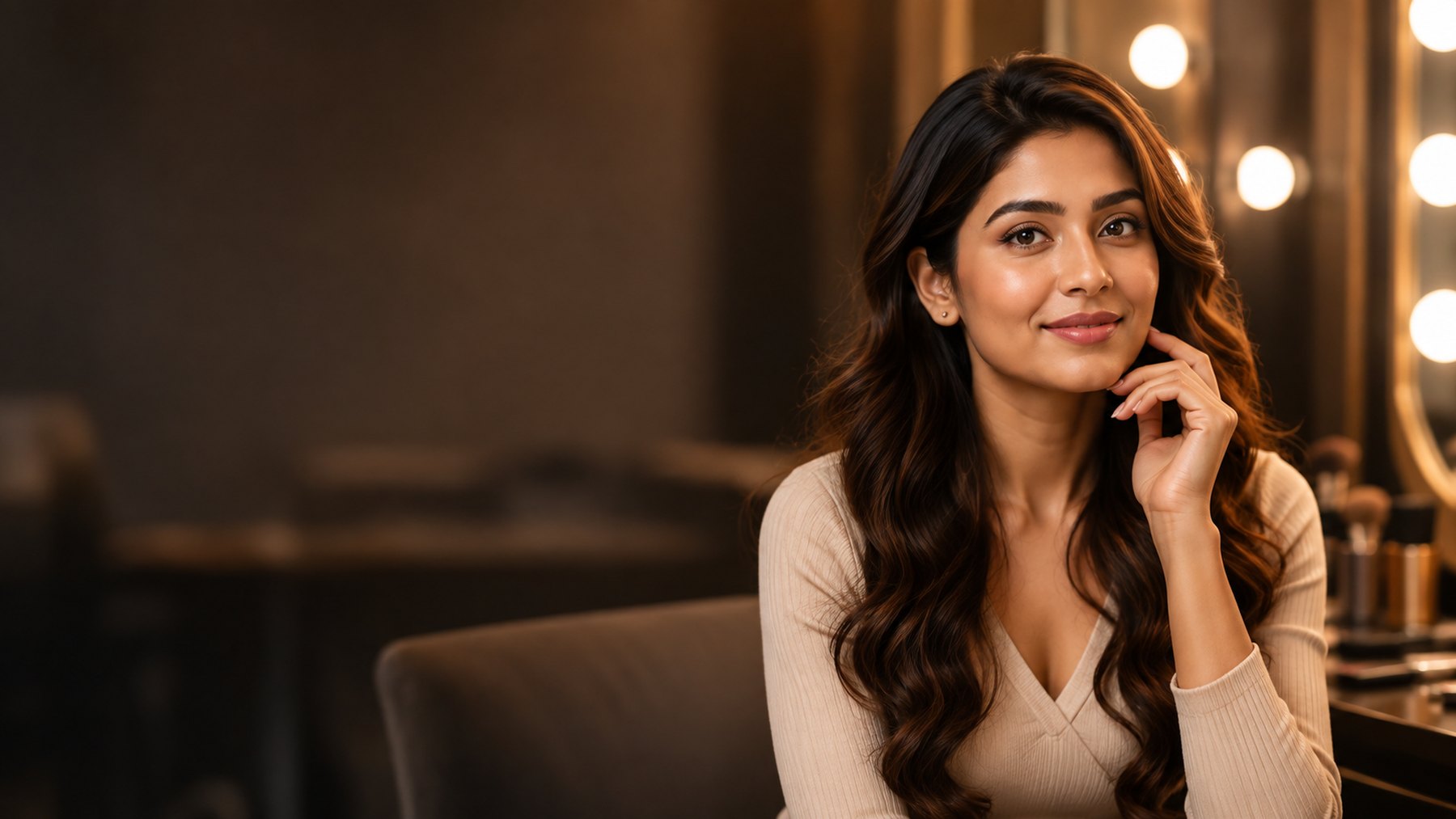 Woman with natural everyday makeup and styled hair seated at a lit vanity in Hyderabad