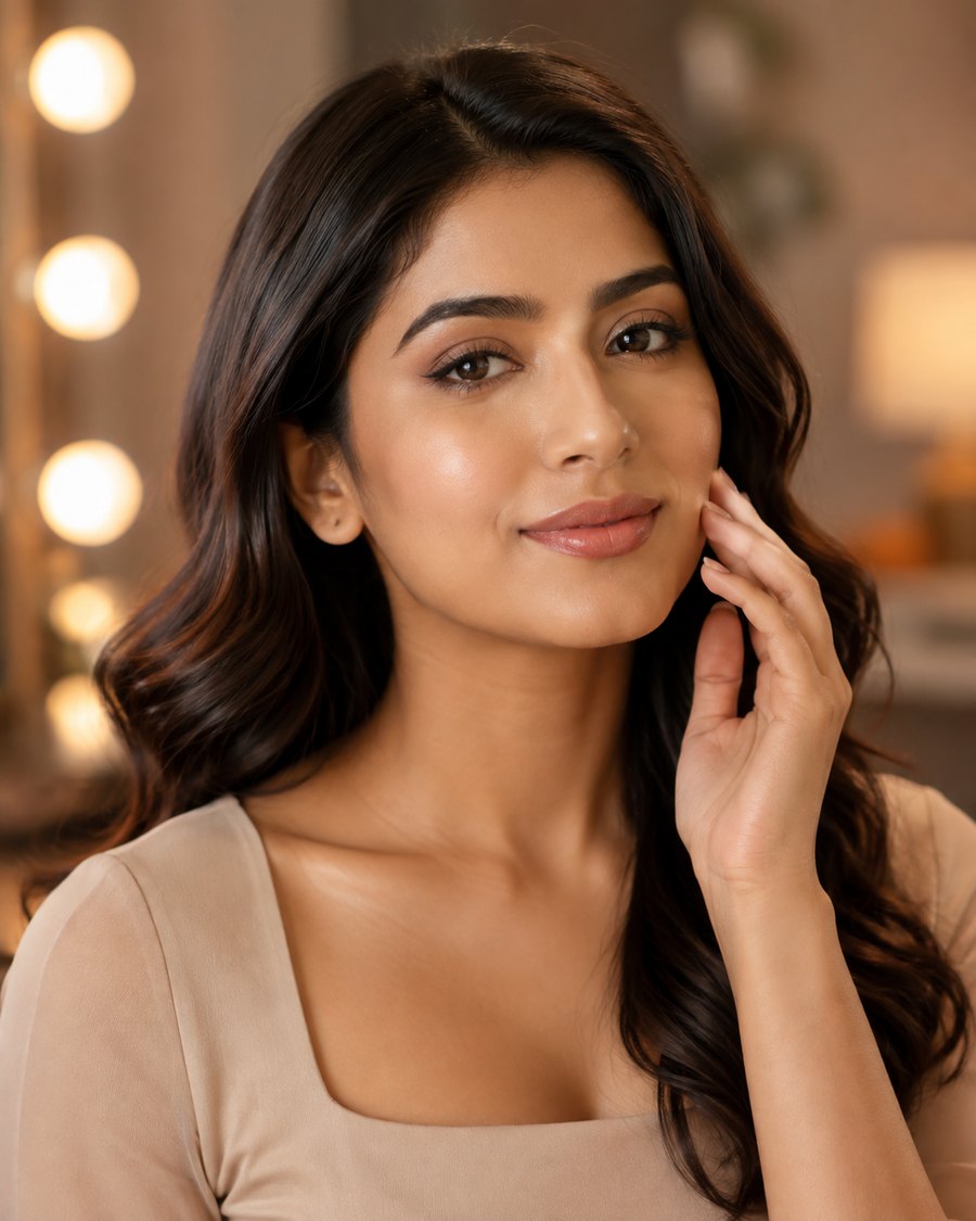 Woman checking her natural makeup finish at a vanity during self grooming training