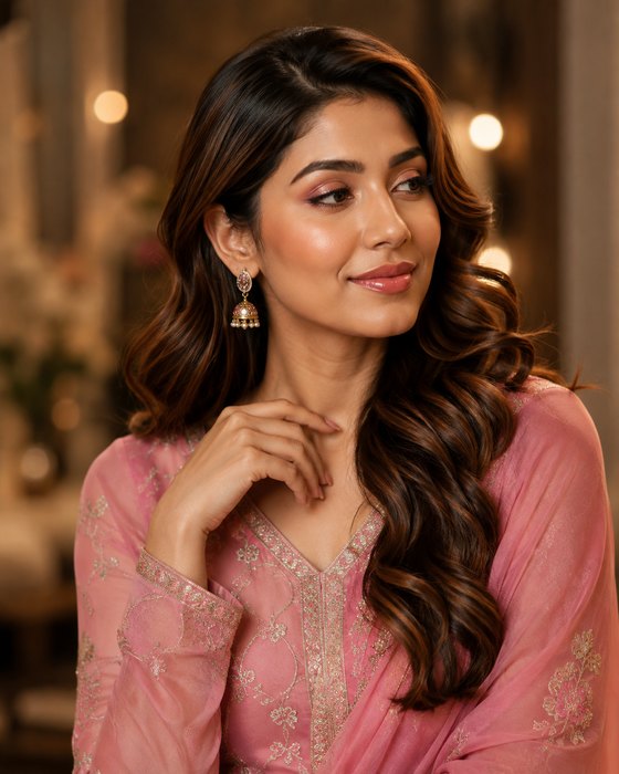 Everyday look with light makeup, a pink kurta and softly styled hair