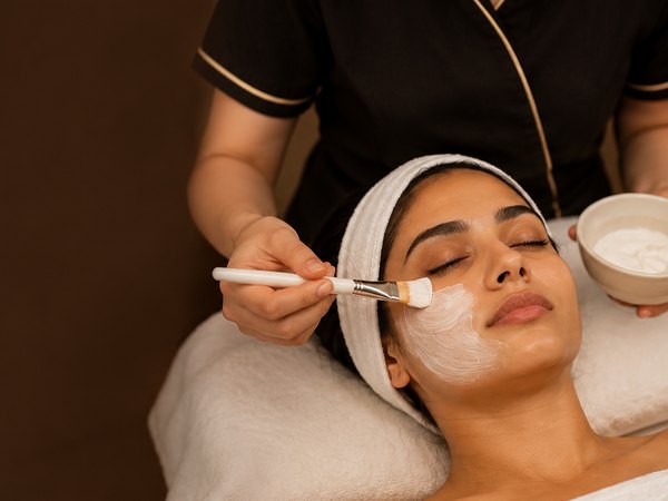 Facial mask being applied with a brush during a professional skincare treatment