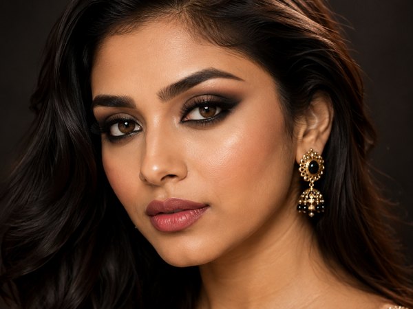 Smokey eye HD makeup look photographed against a dark studio background