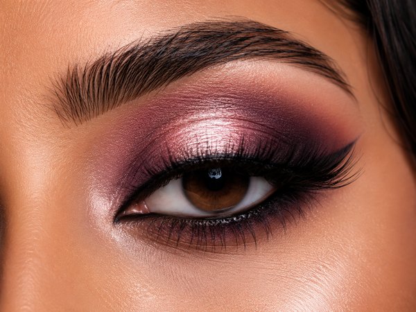 Plum and mauve smokey eye makeup with blended shadow and volume lashes