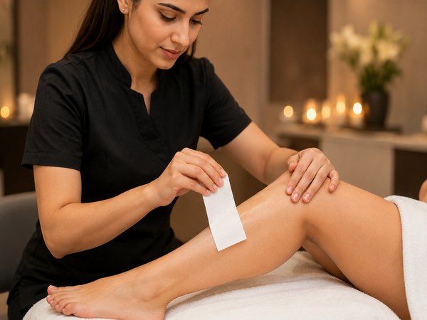 Beautician applying a wax strip to a client leg during hair removal training