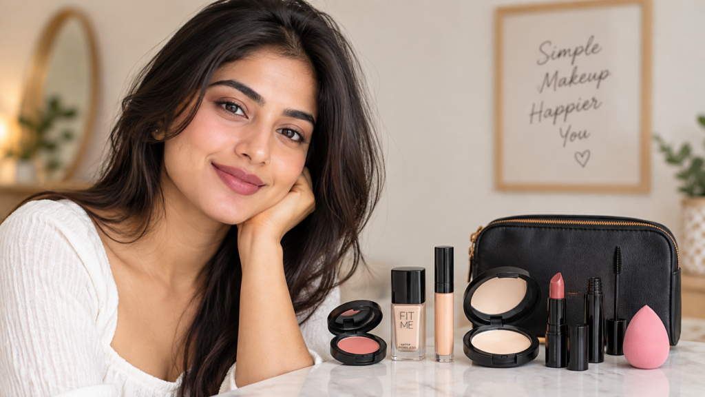 Beginner makeup look with a small selection of products and brushes