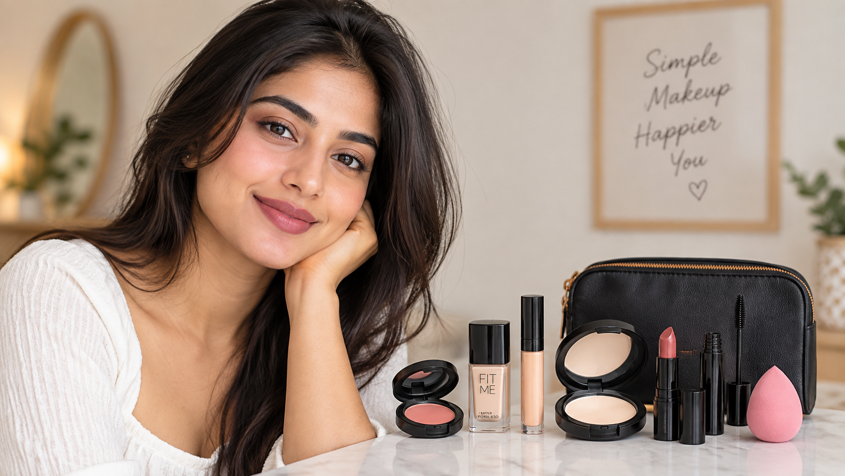 Beginner makeup look with a small selection of products and brushes