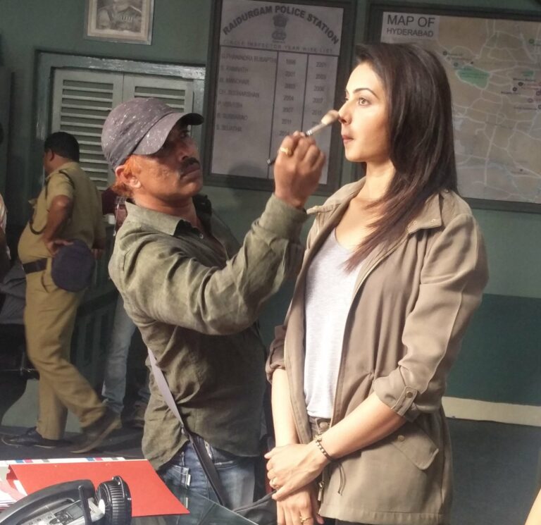 On-set makeup touch-ups during a Tollywood film shoot in Hyderabad