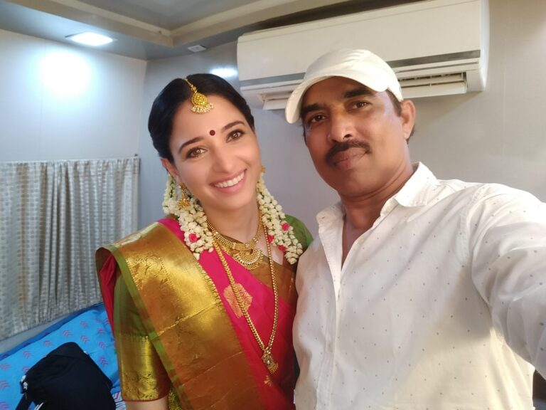 Celebrity makeup artist Chakravarthi Kadali with actress Tamannaah Bhatia in a South Indian bridal makeup look
